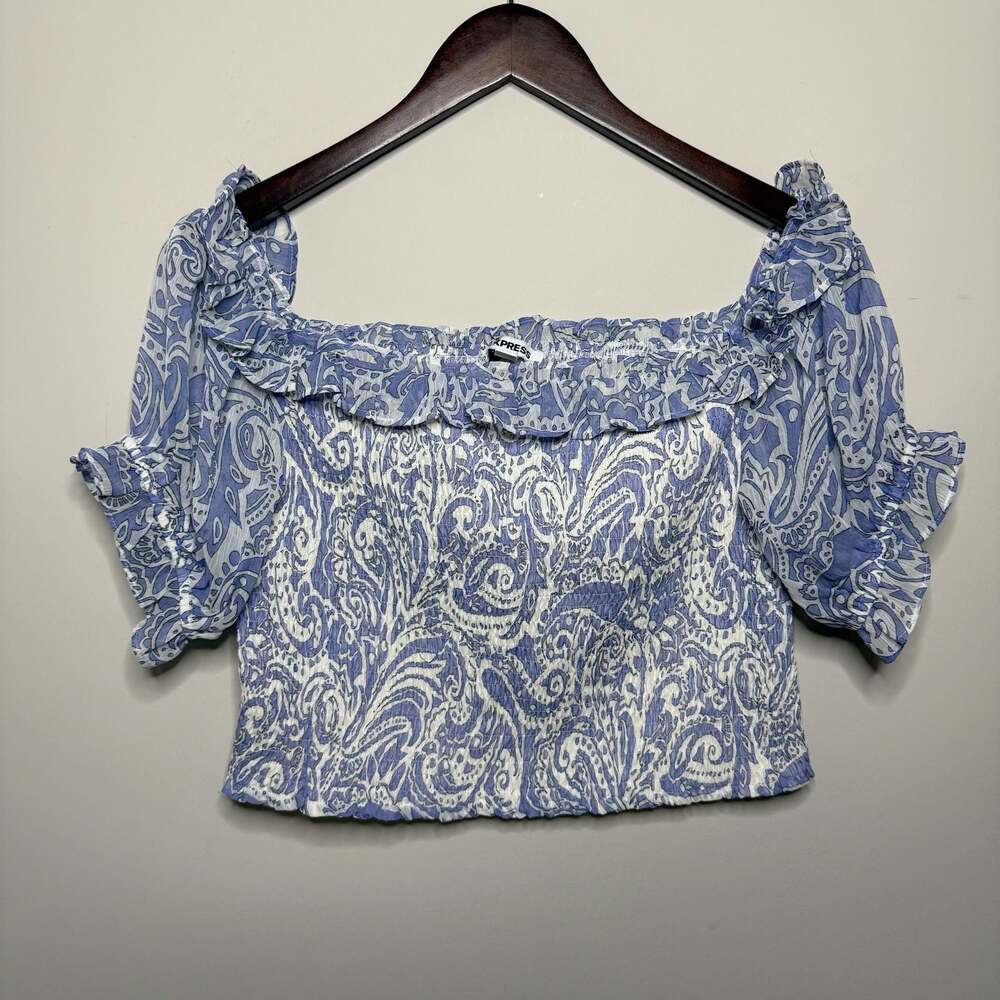 Express Women's Blue and White Paisley Print Smocked Puff Sleeve Crop Top Medium